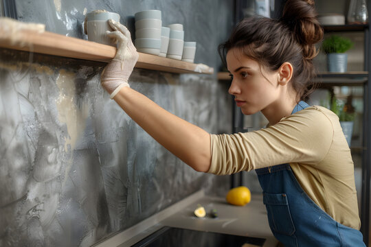 Woman carefully installing shelf to the wall of her kitchen