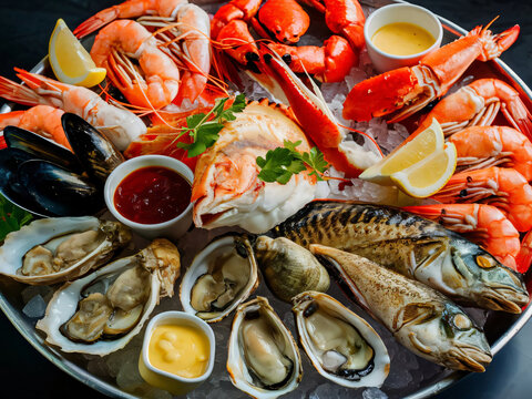 Variedad de comida de mar, camarones, pescado, ostras, mejillones, almejas, mariscos