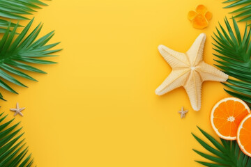 Fototapeta na wymiar Frame from seashell starfish with green palm leaf, slice orange Summer holiday banner. 