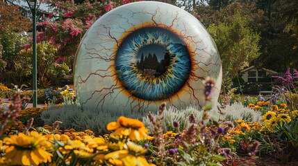Giant eyeball nestled in colorful flowerbed, unsettling feeling of being watched or the beauty within grotesque - obrazy, fototapety, plakaty