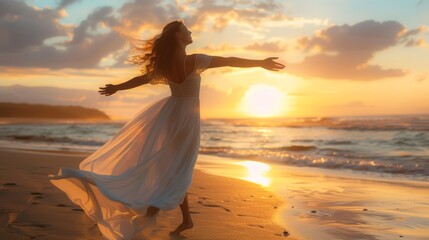 Fototapeta na wymiar With the sun setting behind her, a woman stands gracefully on the beach in a flowing white dress, embracing the feeling of freedom and wanderlust