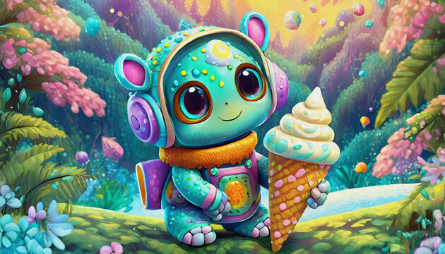 oil painting style CARTOON CHARACTER CUTE BABY robot hold SWEET ice cream isolated on white background, top view,