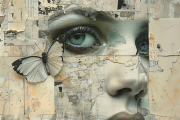 Portrait of a beautiful girl a butterfly Contemporary art collage Abstract design