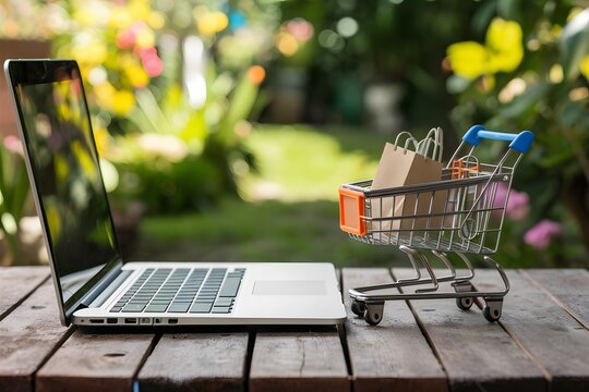 ImageStock Laptop and shopping cart on table with blurred garden background