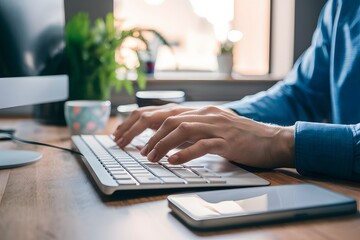 Image Workplace productivity close up of mans hands typing on keyboard