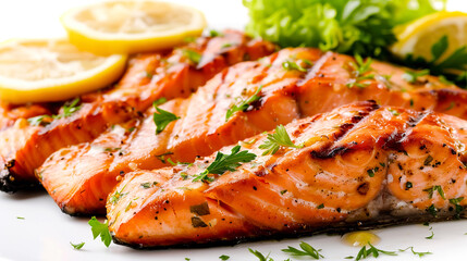 Grilled salmon with lemon and parsley on a white plate