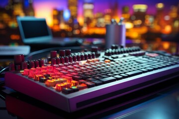 Fototapeta premium Television studio broadcasting live news with blurred video production equipment in background