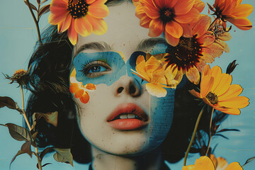 Portrait of a beautiful girl with flowers Contemporary art collage Abstract design