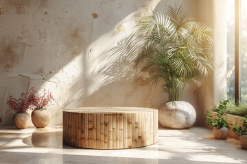 A round mirror is placed on the platform, surrounded by green plants and bamboo in an empty room with white walls. Created with Ai