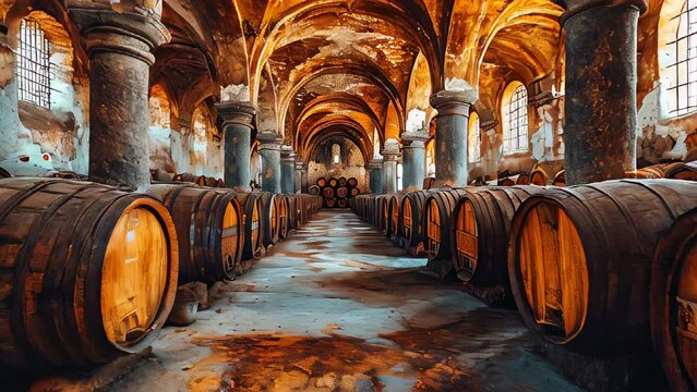 A long room of a wine cellar with many wine barrels.