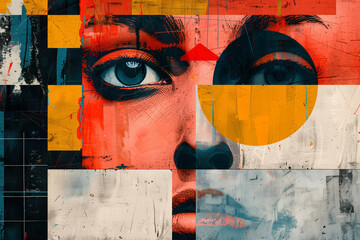 Portrait of a beautiful woman with a painted geaometrical face Contemporary art collage Abstract design