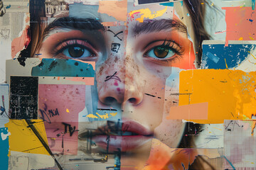 Portrait of a beauty girl with a painted face Contemporary art collage Abstract design