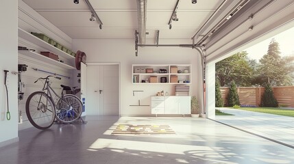 a suburban home's attached 2-car garage, devoid of vehicles and showcasing its clean, uncluttered interior space. - obrazy, fototapety, plakaty