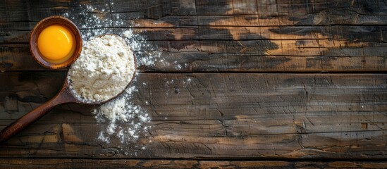 Background with space for text - egg yolk in an old-fashioned spoon and flour in an old-fashioned...