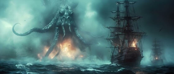 Majestic Kraken Engulfs Ships in Oceanic Fury. Concept Fantasy Creatures, Underwater Chaos, Mythical Beasts, Dramatic Battles, Mysterious Depths