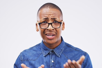 Black person, studio or shocked in portrait with glasses for conversation, surprise or doubt with...