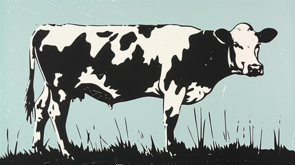 Simple linocut-style illustration of a cow in black and white, contrasted with a gentle blue backdrop