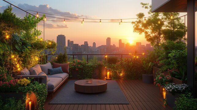 Dusk Serenity on Modern Rooftop with City View