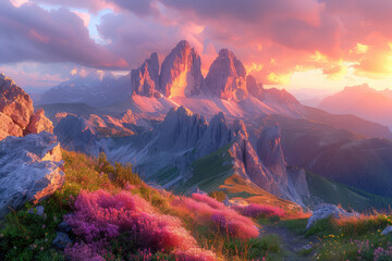 The majestic Dolomites in the Italian Alps, with their sharp peaks and dramatic sunset colors, stand tall against the backdrop of nature's grandeur. Created with Ai - obrazy, fototapety, plakaty