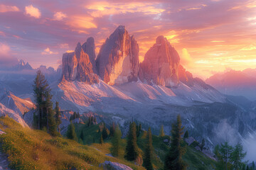 Create an enchanting scene of the Dolomites in Italy, with towering peaks shrouded by soft clouds against a backdrop of warm sunset hues. Creted with Ai