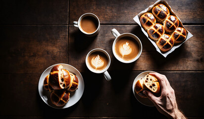 From above hand with appetizing freshly baked sourdough hot cross buns and mugs of coffee on wooden table, dramatic light, food photography, bakery, rustic, top view, flat lay, copy space, wallpaper