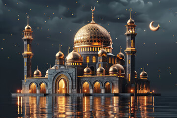 3D illustration of an elegant mosque with gold domes and minarets, glowing at night under the crescent moon light. The mosque is surrounded by water. Created with Ai