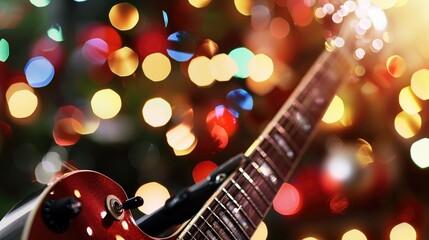 Music holiday composition with close up electronic guitar on blurred concert background with bokeh effect.
