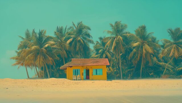 A yellow house is on a beach with palm trees in the background. vontage style