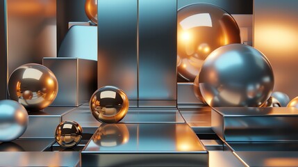 3D rendering of a futuristic metallic background with spheres and cubes. The spheres are reflective and the cubes are glossy.