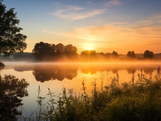 Fototapeta na wymiar A serene sunrise over a misty lake at the break of dawn