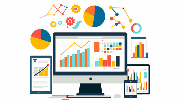 Concept with laptop computer, charts diagrams, graphs and place for text. Tools for data analysis, statistical or financial analytics.