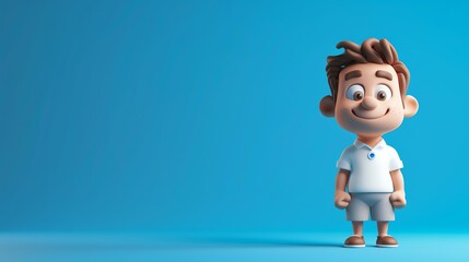 Cheerful 3D cartoon boy character in white shirt and blue pants standing on blue background.