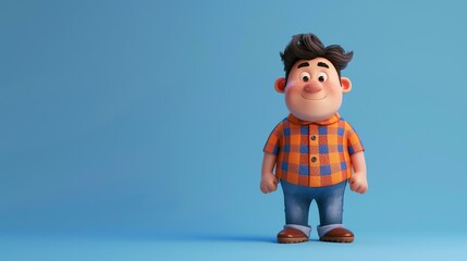 This is a 3D rendering of a cartoon character. He is a young boy with brown hair and blue eyes. He...