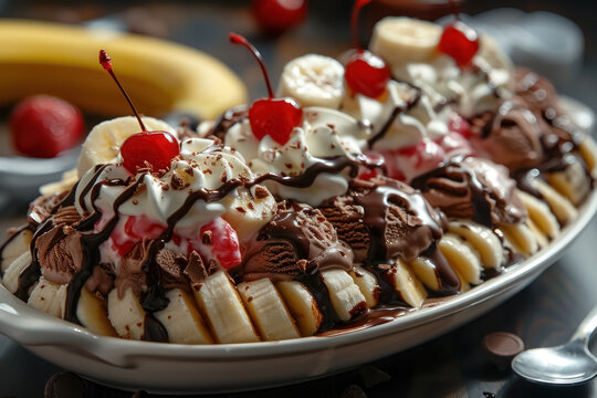 decadent banana split with scoops of chocolate ice cream and rich toppings