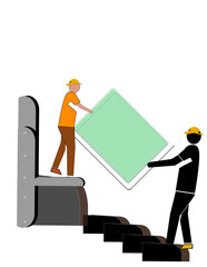 Two men are lifting a box up a flight of stairs