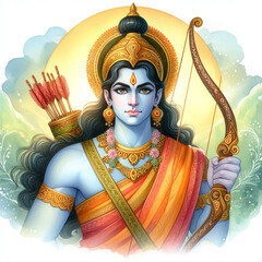Watercolor illustration suitable for ram navami with lord rama with a bow and arrow