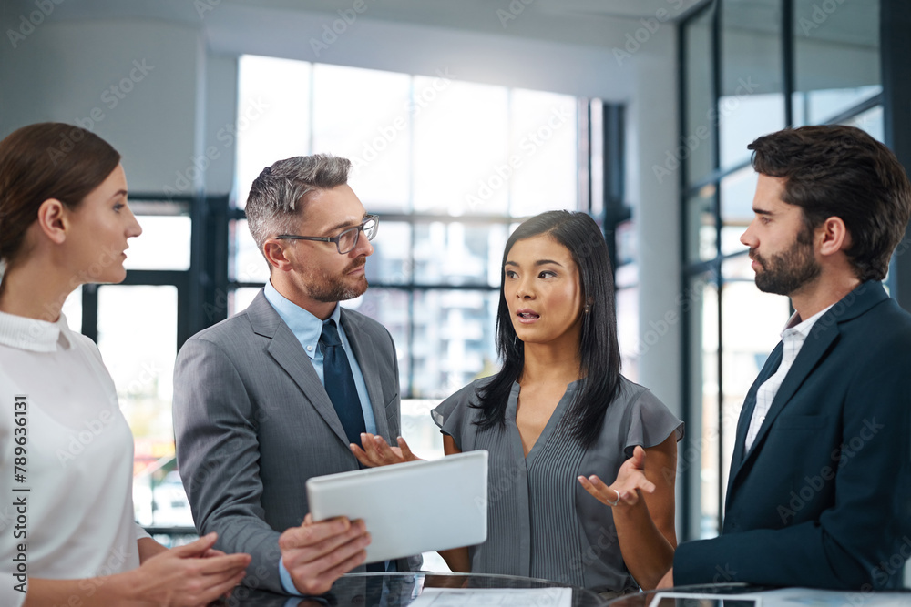 Canvas Prints team, question and people with tablet in office for review of proposal and confused employee. busine