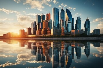 Abstract cityscape with skyscrapers on a clear day - rich architecture, cinematic preset