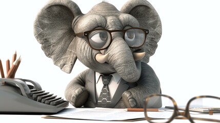 A cartoon elephant wearing horn-rimmed glasses sits at a desk, looking thoughtful. He is wearing a suit and tie and has a pencil in his trunk.