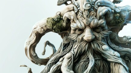 A 3D rendering of a tree spirit with intricate details. The spirit has a face that is both wise and kind, with a long beard and hair made of branches.