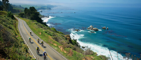 Competitors pedal swiftly down a beautiful coastal road during a challenging bicycle race event.