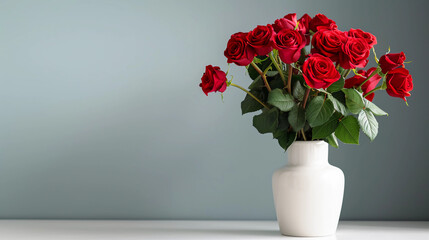 Large bouquet of red roses in a vase on a flat light gray studio background