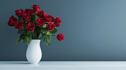 Large bouquet of red roses in a vase on a flat dark gray studio background