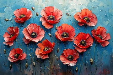 A painting featuring vibrant red poppy flowers set against a striking blue background, capturing the essence of a meadow in bloom under soft impressionist light.