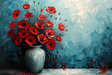 A painting featuring vibrant red poppy flowers set against a striking blue background, capturing the essence of a meadow in bloom under soft impressionist light. - obrazy, fototapety, plakaty