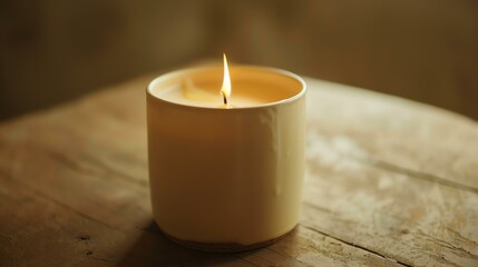 A close-up image of a single lit candle on a wooden table. The candle is in a ceramic holder and is burning brightly.