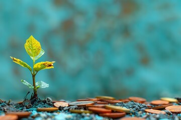 A symbolic image showcasing a young plant sprouting from a pile of assorted coins,