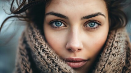 Close-up portrait of a beautiful young woman with blue eyes and wearing a brown scarf.