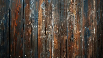 The image is a close-up of a wooden fence. The wood is a dark brown color and has a rough texture.