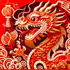 Fototapeta na wymiar Bright red and yellow dragon.Paper crafts,e. Year of the Dragon in China and East Asia. One of the Chinese zodiac signs. New Year of the Dragon 2024